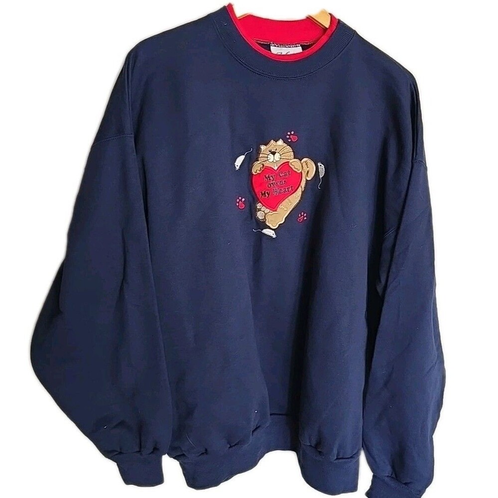 Vintage Cat Kitty Mouse Heart Womens Sweatshirt Grannycore Y2k 90s XL Navy Blue
